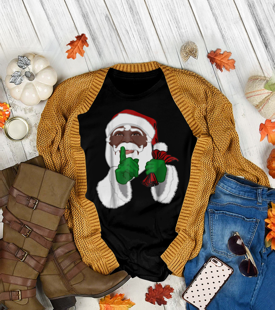 African American Santa Black Santa Claus with Green Gloves and Red Sack T-Shirt