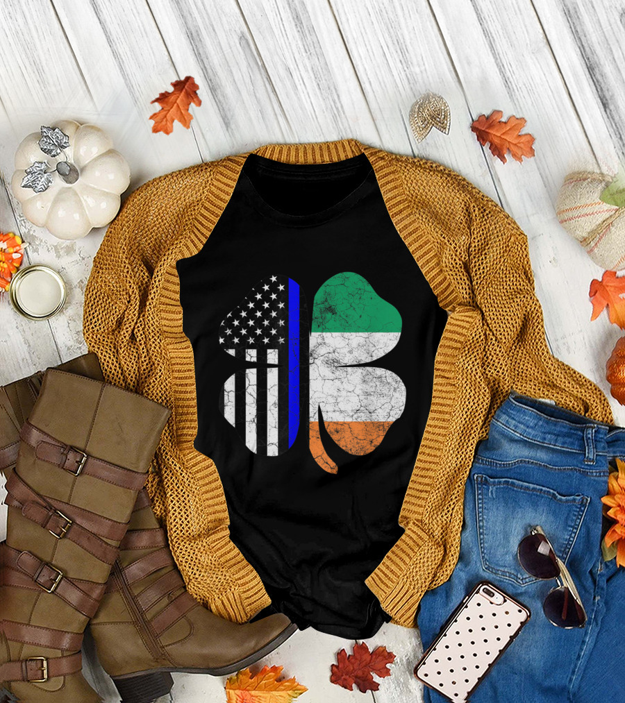 Thin Blue Line Irish American Shamrock St Patrick's Flag T-Shirt