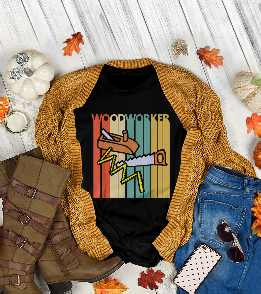 Woodworker Vintage Carpenter Saw and Plane Retro Stripes T-Shirt