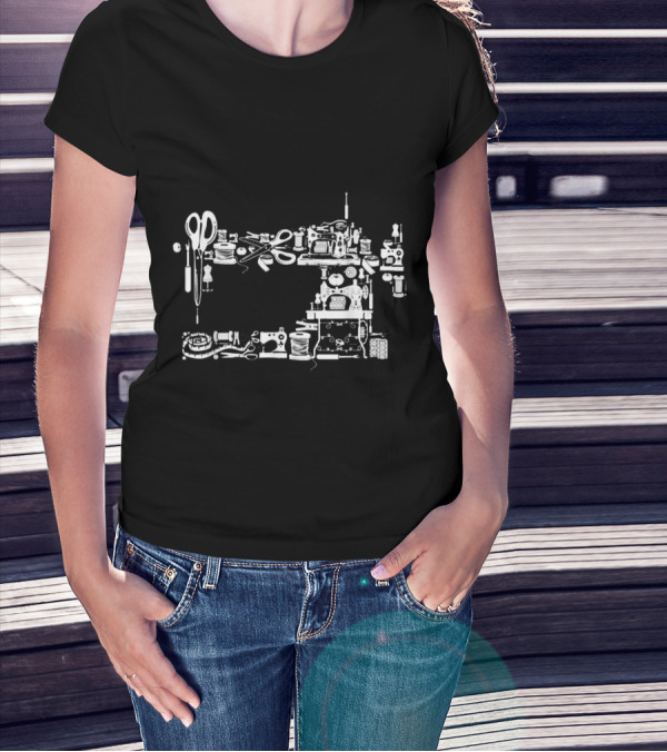 Sewing And Quilting Tools Collage With Scissors And Sewing Machine Outline T-Shirt