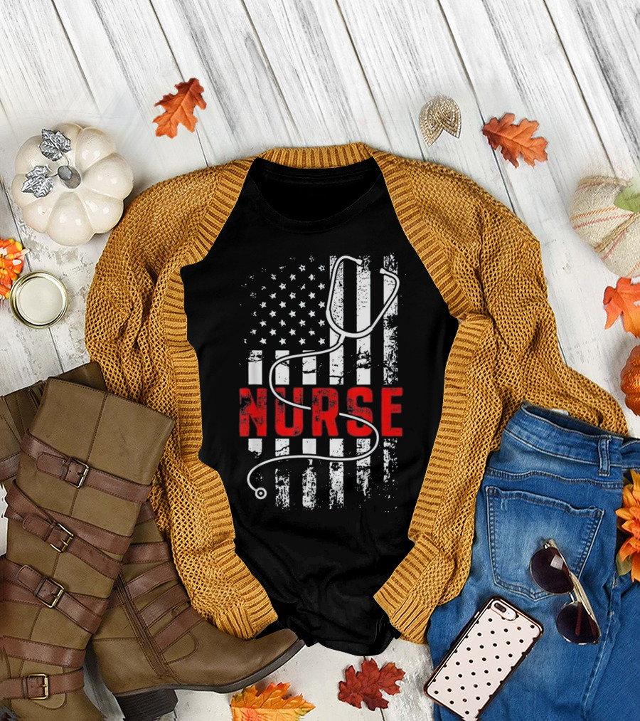 Patriotic Nurse USA Flag with Stethoscope T-Shirt