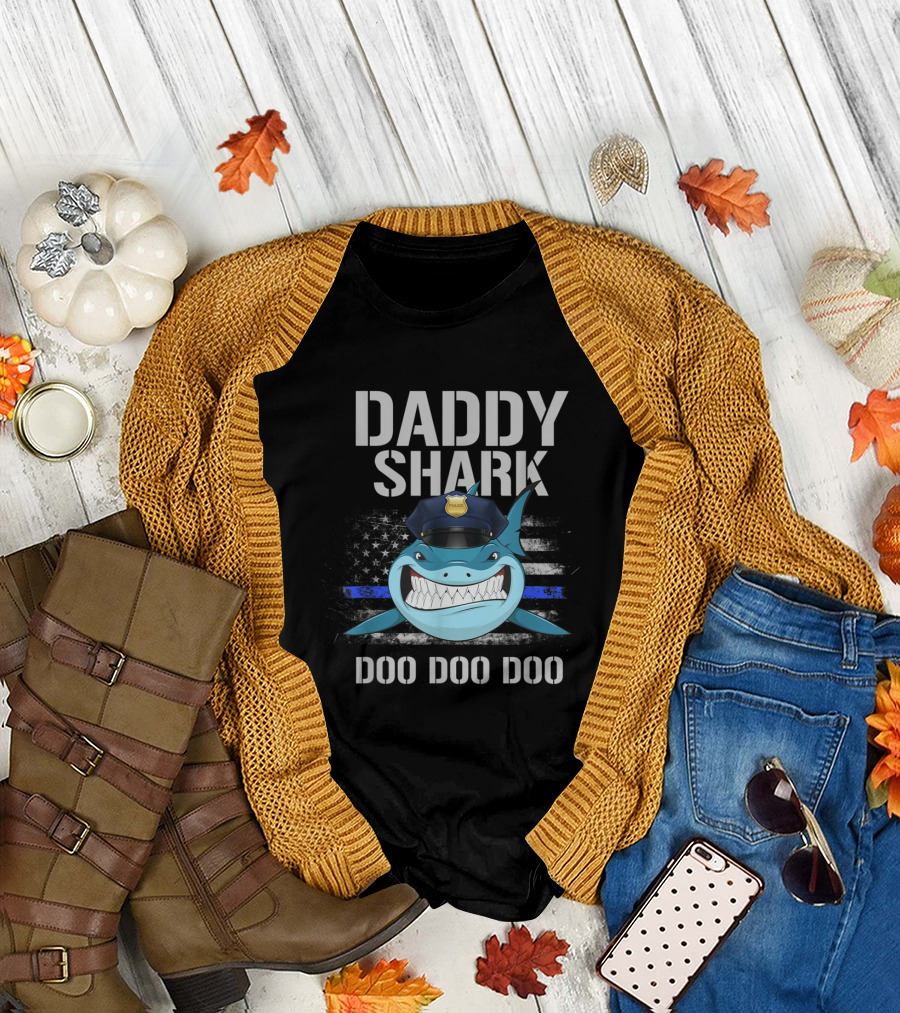 Fall flat lay featuring Daddy Shark Thin Blue Line Flag Police Doo Doo Doo T-Shirt with cardigan.