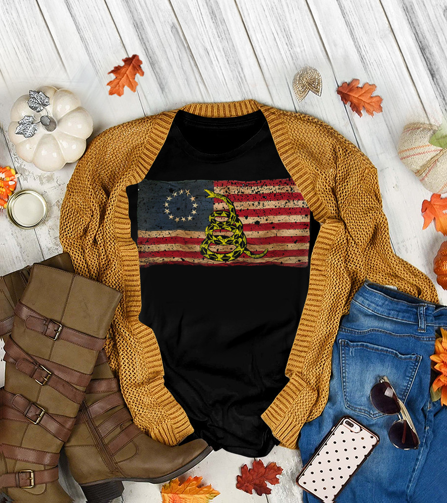Revolutionary Era American Flag with Gadsden Snake Symbol - Patriotic Politically Incorrect Betsy Ro T-Shirt