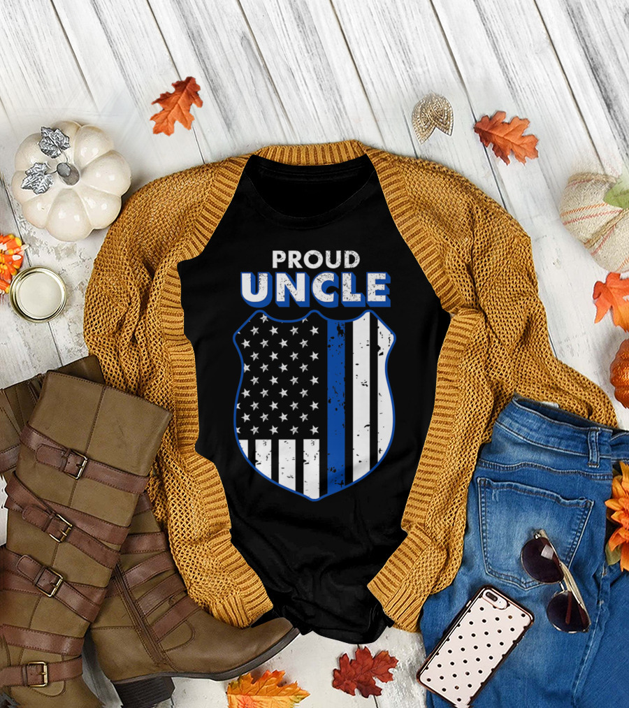 Proud Uncle Thin Blue Line Badge American Flag T-Shirt