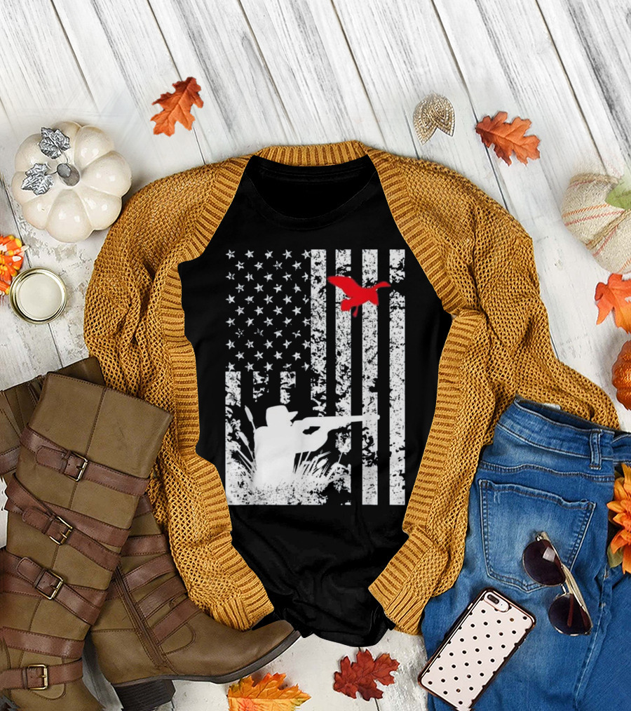 Duck Hunting American Flag with Hunter and Red Flying Duck T-Shirt