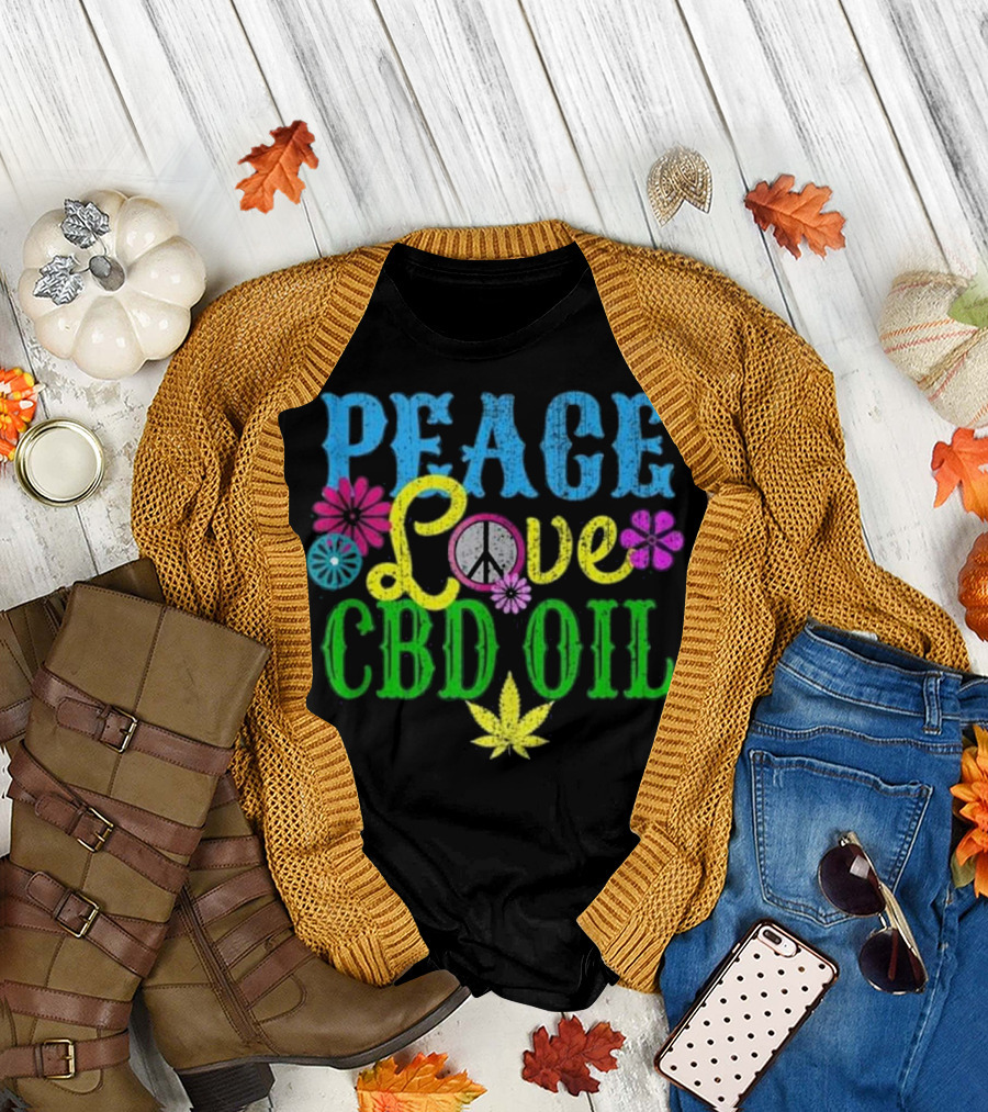 Peace Love CBD Oil Hemp Cannabis Medica Floral Symbols T-Shirt