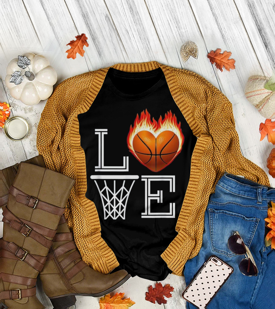I Love Basketball Heart Flame Mom Life T-Shirt