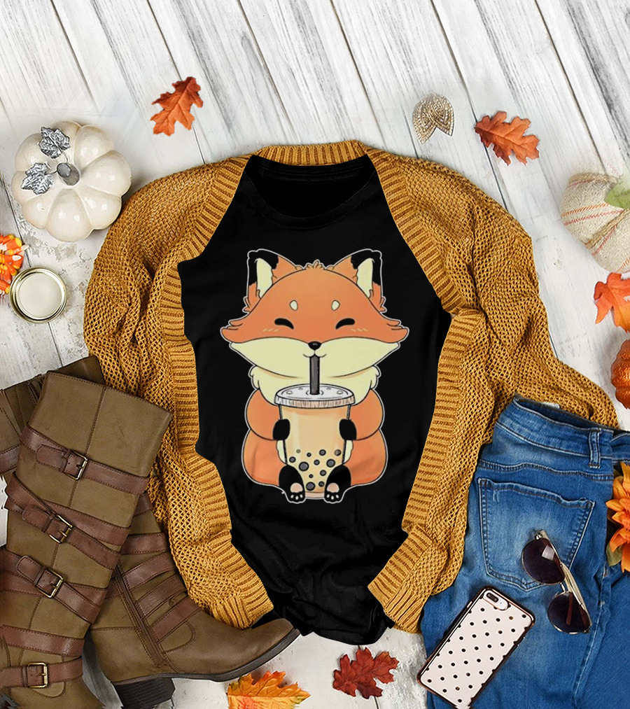 I Love Bubble Milk Tea Fox with Boba Drink T-Shirt