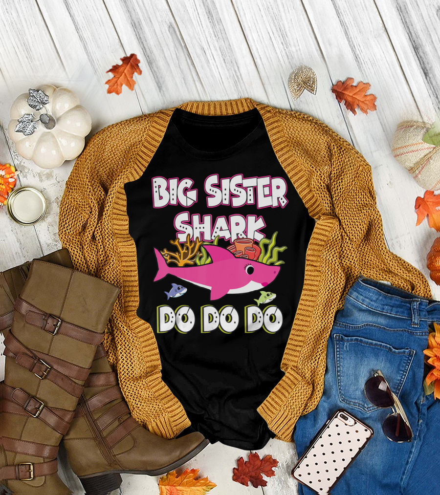 Big Sister Shark Doo Doo Doo with Colorful Coral and Baby Sharks T-Shirt