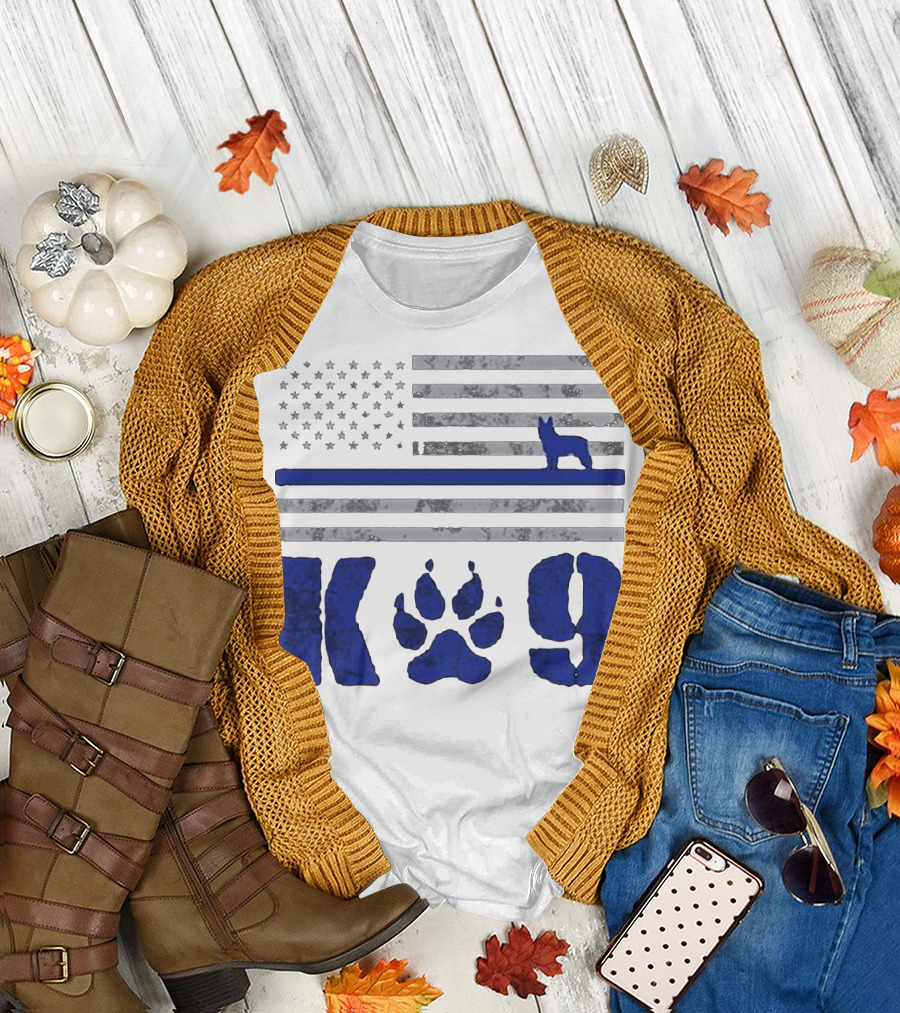 K 9 Police Officer LEO Law Enforcement American Flag Thin Blue Line T-Shirt