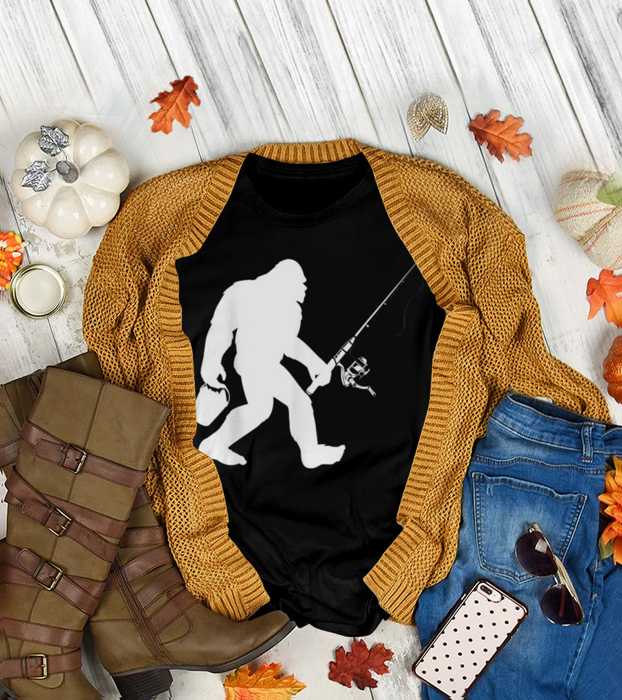 Bigfoot Sasquatch Fishing Silhouette Carrying Rod and Bucket T-Shirt