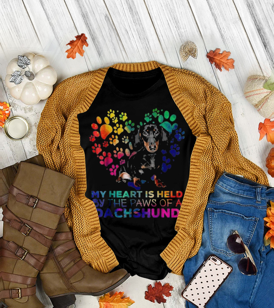 My Heart Is Held By The Paws Of A Dachshund Colorful Paw Heart Dachshund T-Shirt