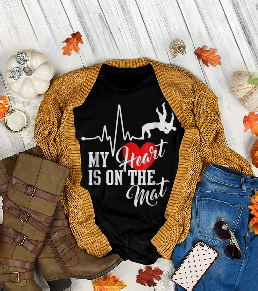 My Heart Is On The Mat Wrestling Silhouette with Heartbeat and Red Heart T-Shirt