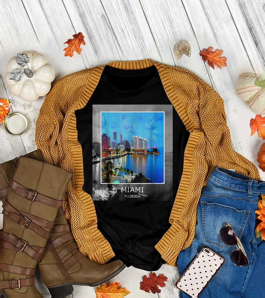 Miami Florida Vibrant Skyline Reflection Summer Cityscape T-Shirt