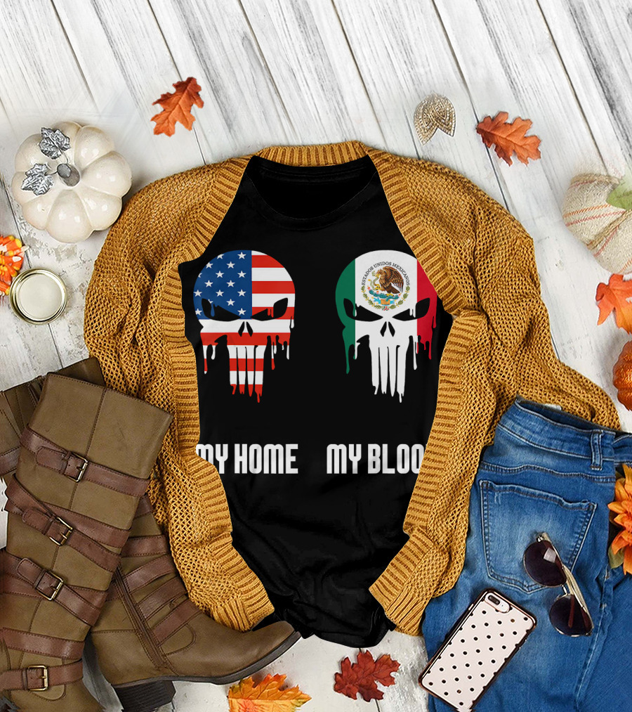 My Home My Blood American Flag Mexican Emblem Skulls T-Shirt