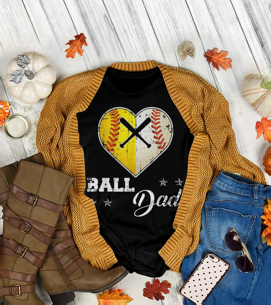 Ball Dad Heart Baseball Softball Crossed Bats T-Shirt