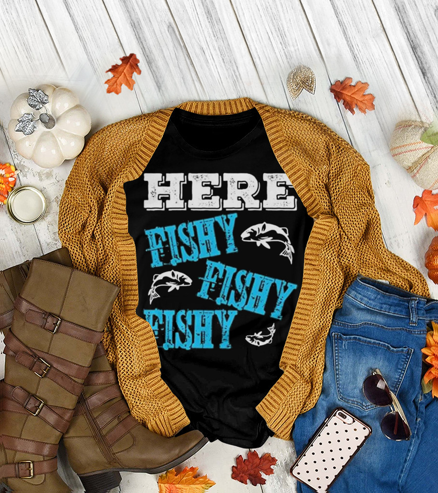 Funny Fishing Dad Here Fishy Fishy with Fish Icons T-Shirt