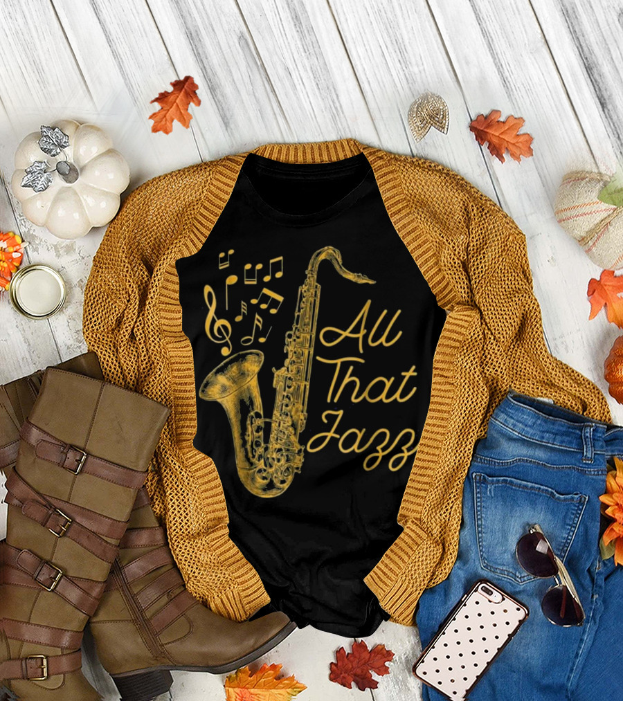 All That Jazz Saxophone and Musical Notes T-Shirt