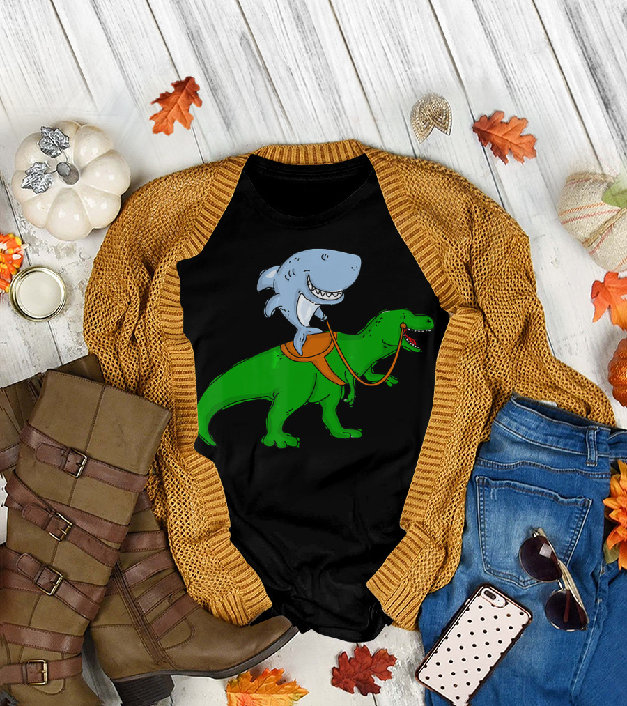 Great White Shark Riding Dinosaur T-Shirt