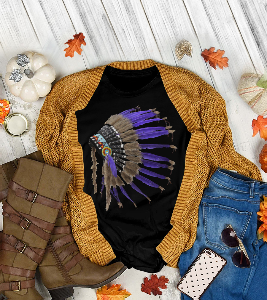 Rez Native American Buffalo Skulls Feather Headdress Purple Feathers T-Shirt