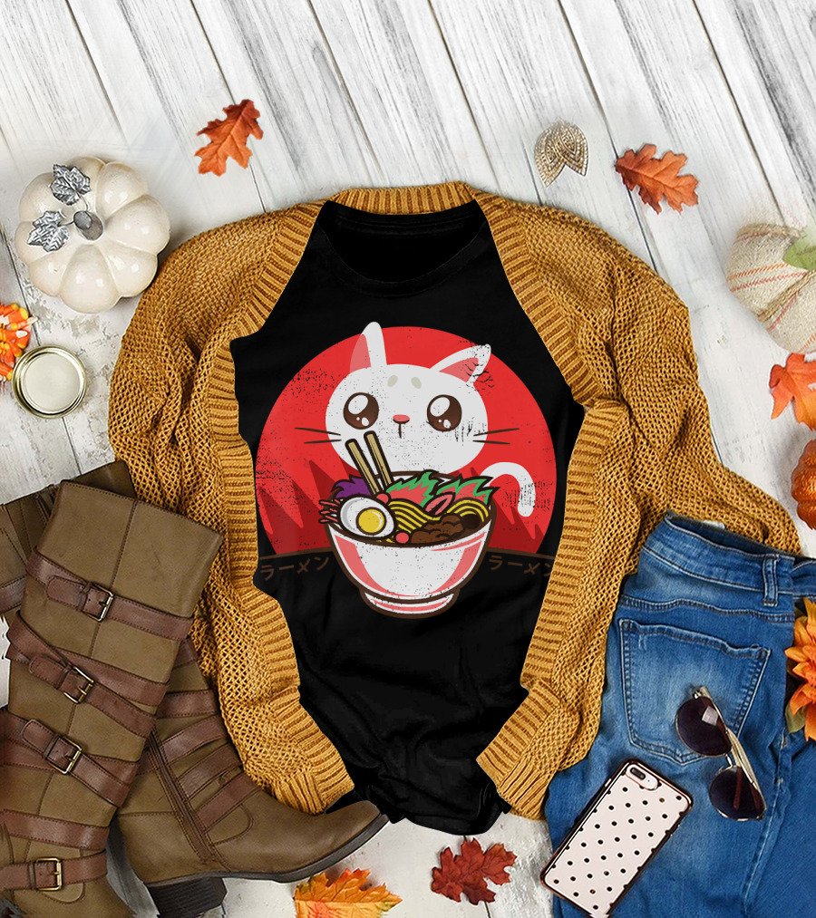 Kawaii Cat Ramen Noodles Anime Japanese Text T-Shirt