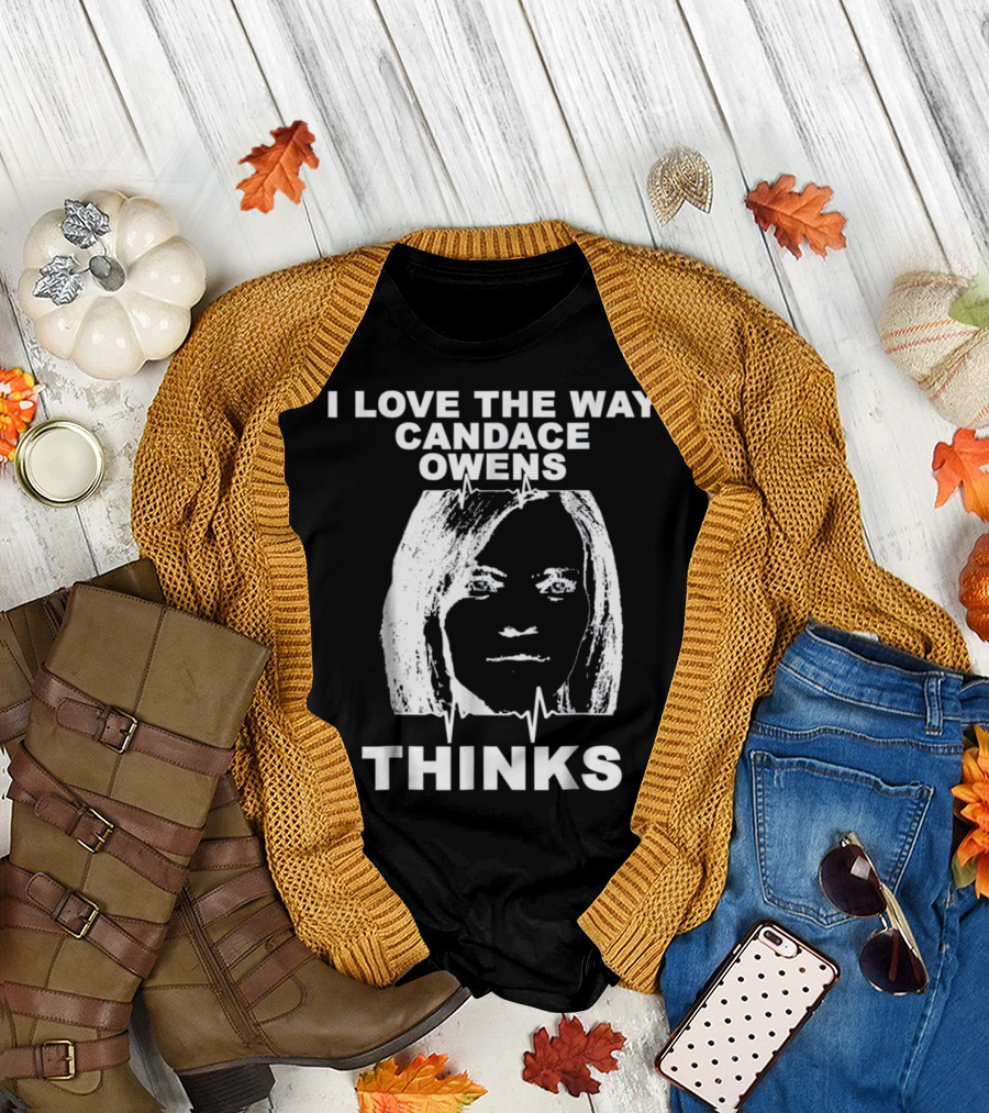 I Love The Way Candace Owens Thinks Black and White Portrait with Heartbeat Line T-Shirt