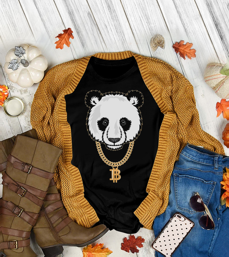 Gangster Panda with Bitcoin Necklace Cryptocurrency Humor T-Shirt