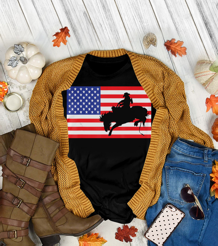 Rodeo Bull Rider Silhouette on American Flag USA Cowboy T-Shirt