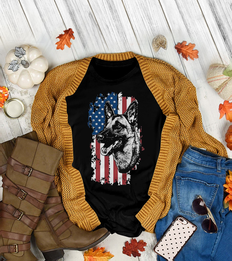 Belgian Malinois K9 Police Dog with American Flag Background T-Shirt