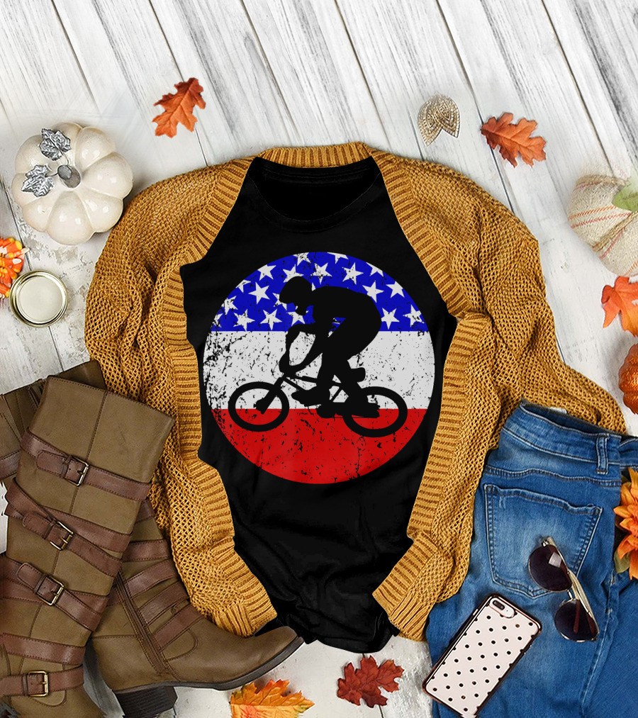 American Flag Vintage BMX Bike Silhouette with Stars and Stripes Circle T-Shirt