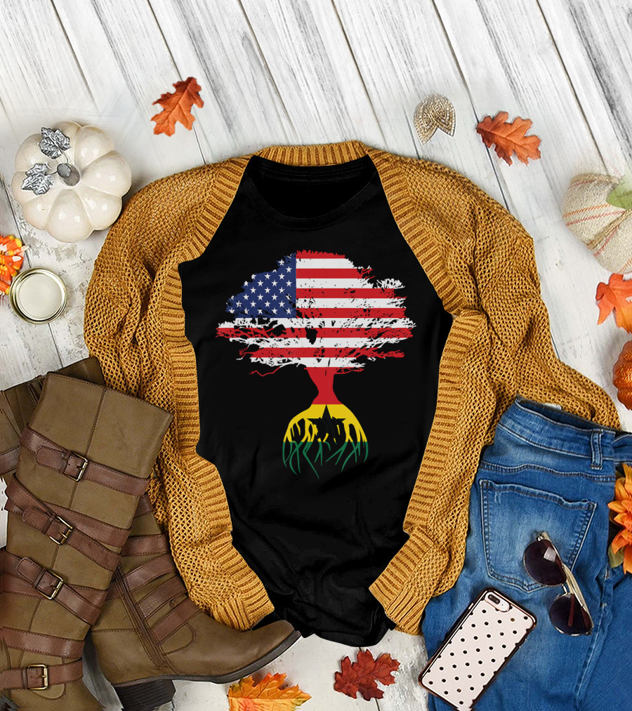 American Flag Tree with Ghanaian Roots Symbolizing Heritage and Connection T-Shirt