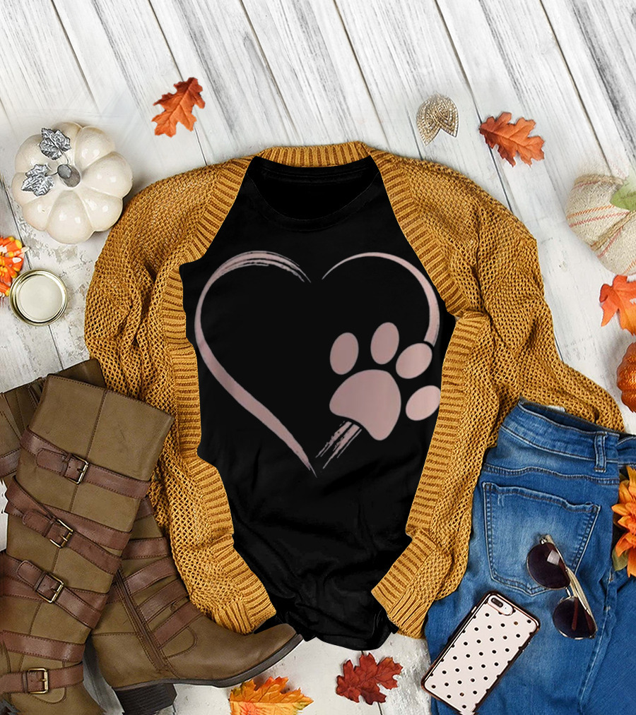Rose Gold Dog Paw Print Heart T-Shirt