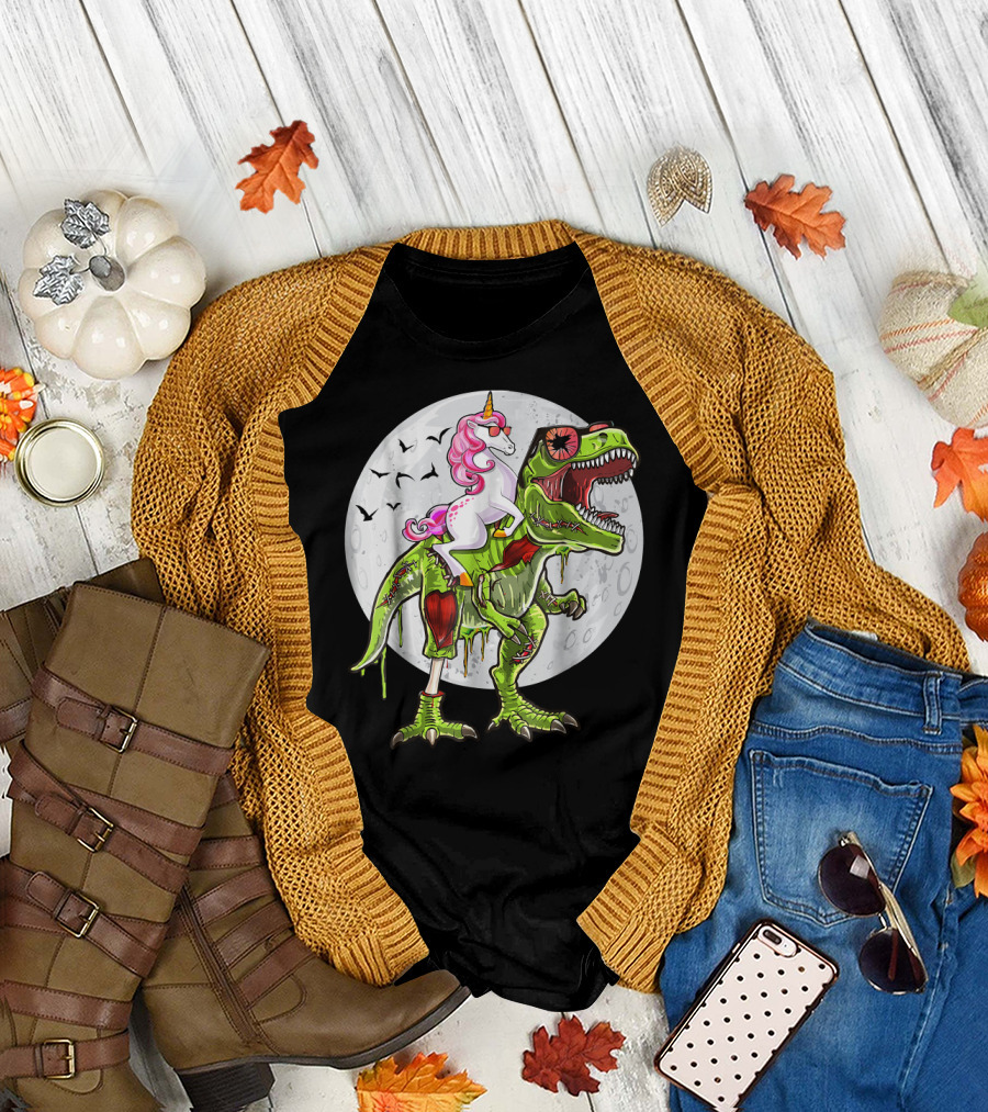 Halloween Unicorn Riding Zombie T Rex Dinosaur Moon Scene T-Shirt