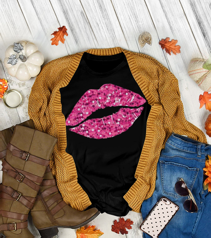 Rose Gold Lipstick Kiss Hot 80s Aesthetic Glamorous Pink Sequin Sparkle Lips T-Shirt