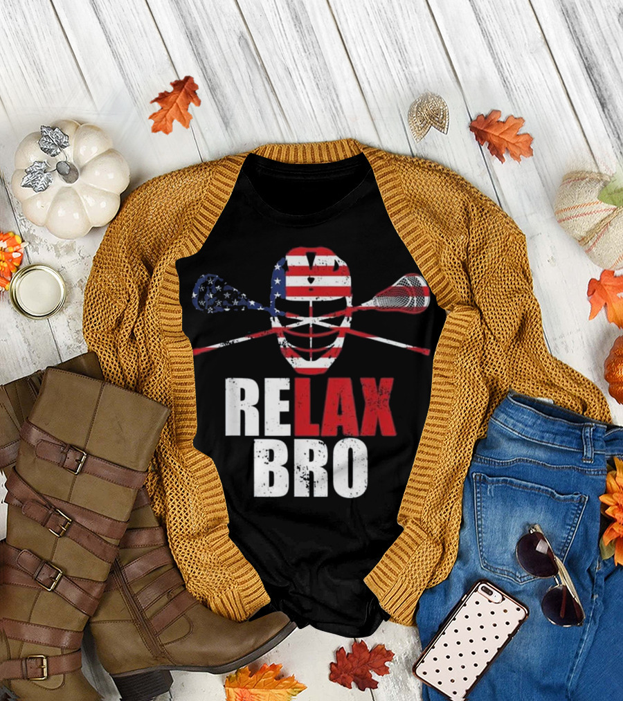 American Flag Relax Bro Lacrosse Mask and Crossed Sticks T-Shirt