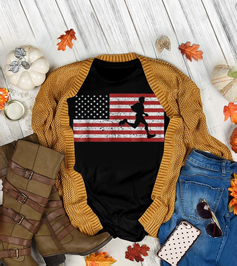American Flag Runner Silhouette Running Gift T-Shirt