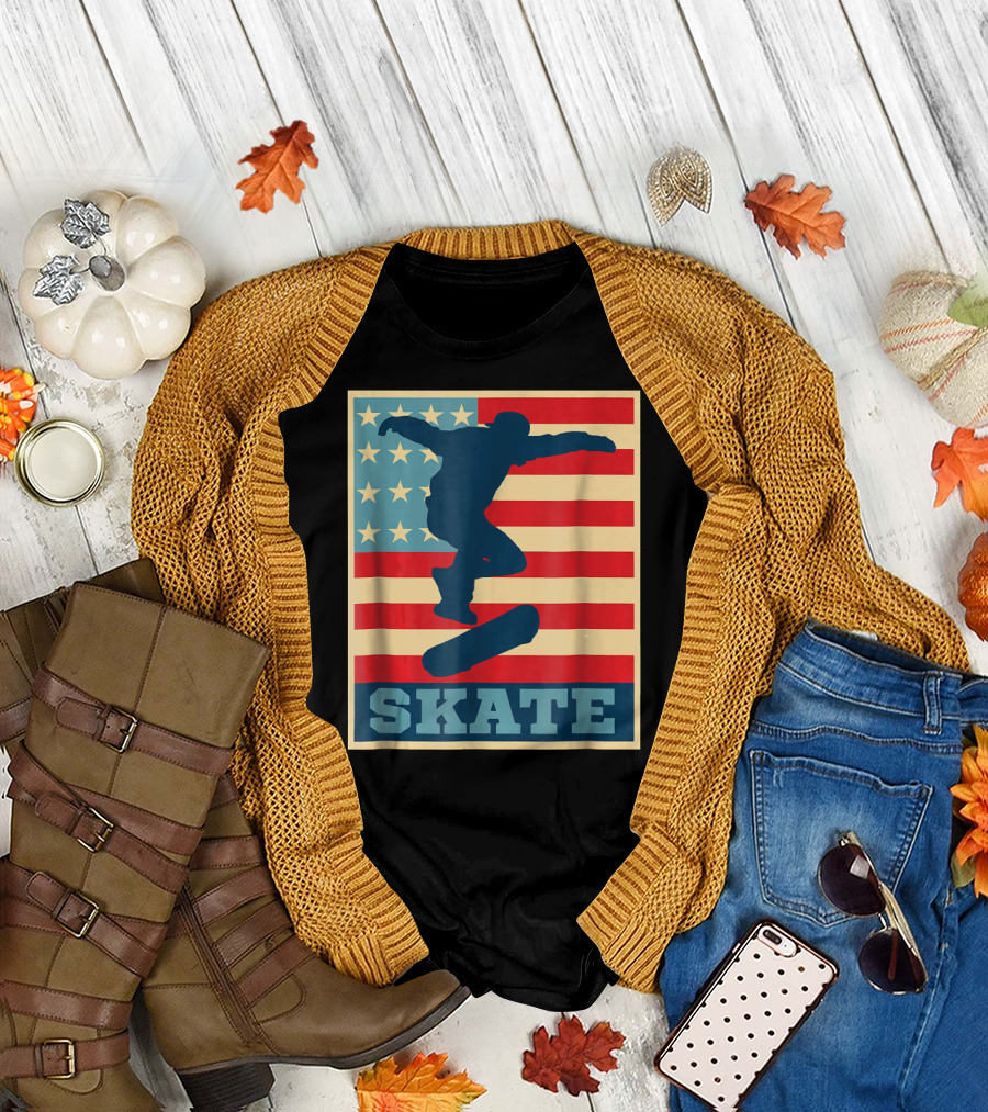 American Flag Skateboarding Skater Silhouette On Stripes With Blue Stars And Skateboarding Text T-Shirt