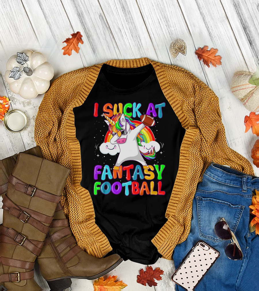 I Suck At Fantasy Football Unicorn Dab with Rainbow and Clouds T-Shirt
