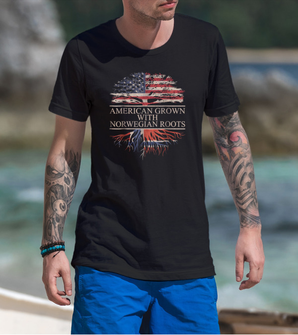 AMERICAN GROWN WITH NORWEGIAN ROOTS USA NORWAY FLAGS TREE T-Shirt