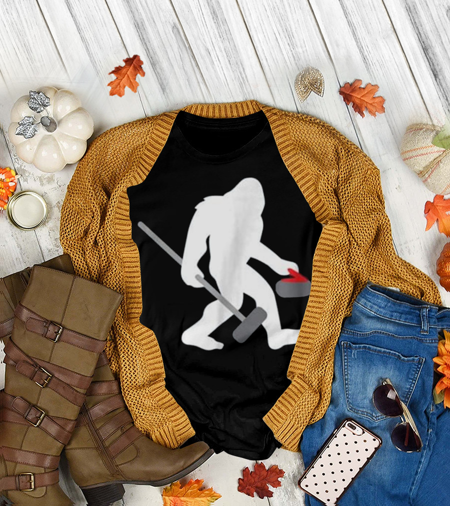 Curling Bigfoot Cute Funny Winter Scene T-Shirt