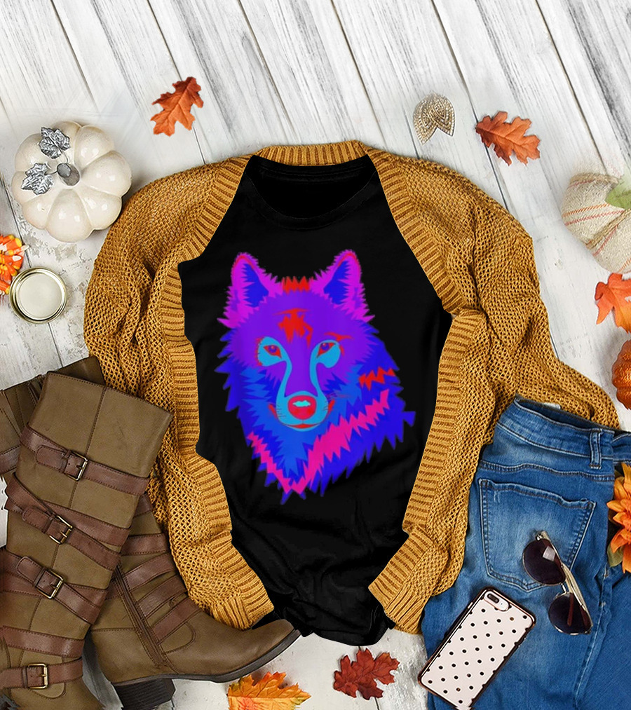 EDM Electronic Dance Music Techno Trippy R Neon Wolf Psychedelic Vibes T-Shirt