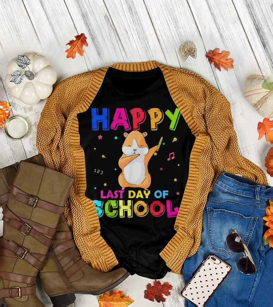 Happy Last Day Of School Dabbing Hamster with Colorful Letters and Musical Notes T-Shirt