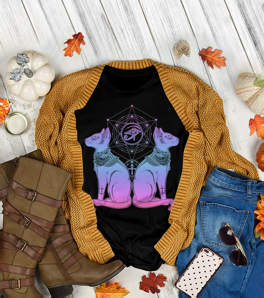 Egyptian Cat Goddess Bastet Sphinx Eye Of Horus Ankh Geometry T-Shirt
