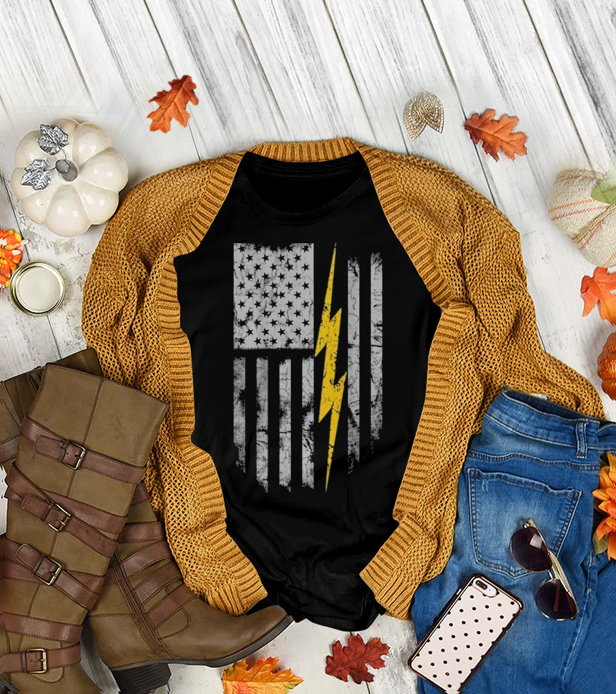 Electrician American Flag with Lightning Bolt Stripe T-Shirt