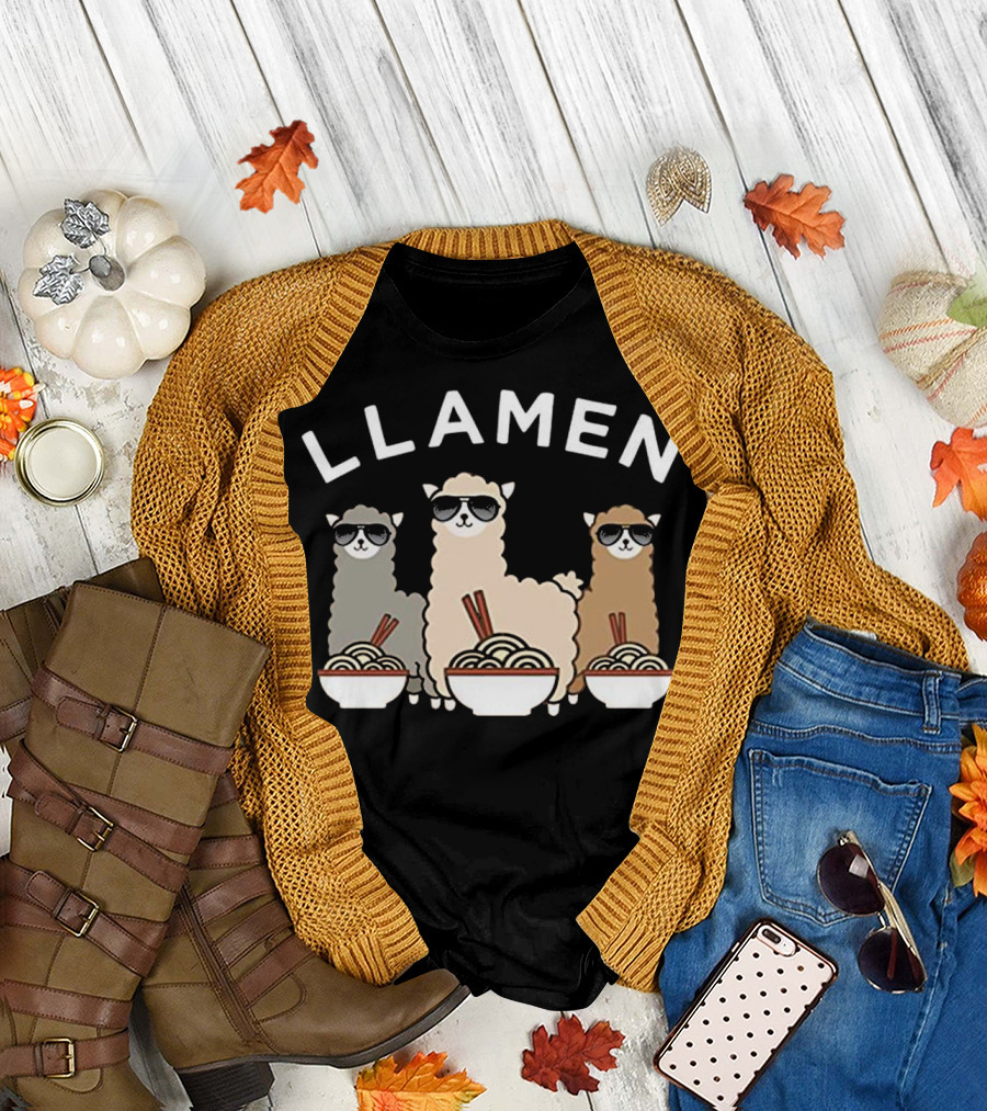 Llamen Funny Llama Ramen Sunglasses Cute Animal Trio T-Shirt