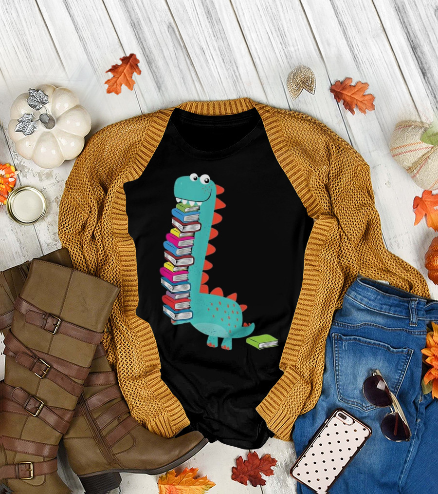 Cute Dinosaur Loves Book and Reading Book Fun Stack T-Shirt