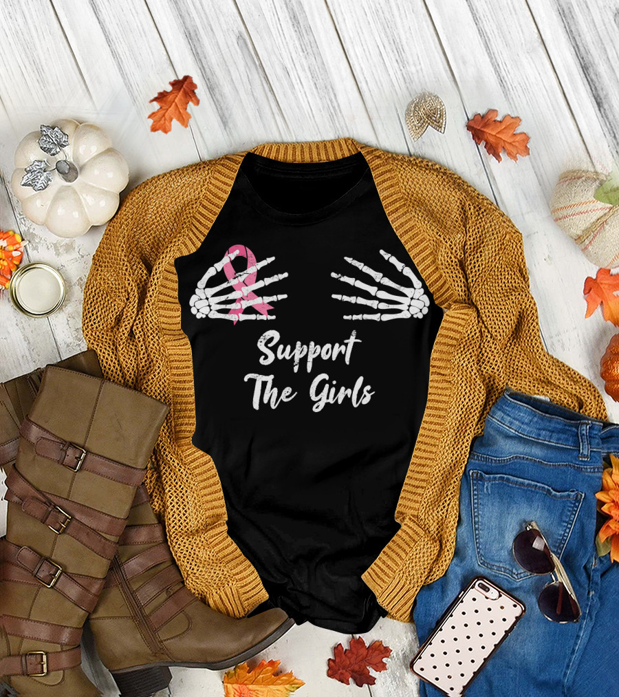 Breast Cancer Awareness Support The Girls Skeleton Hand Pink T-Shirt