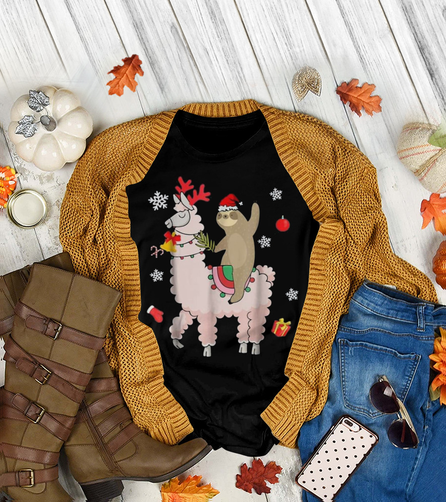 Santa Sloth Riding Llama Reindeer Christmas Snowflakes Candy Cane Ornaments T-Shirt