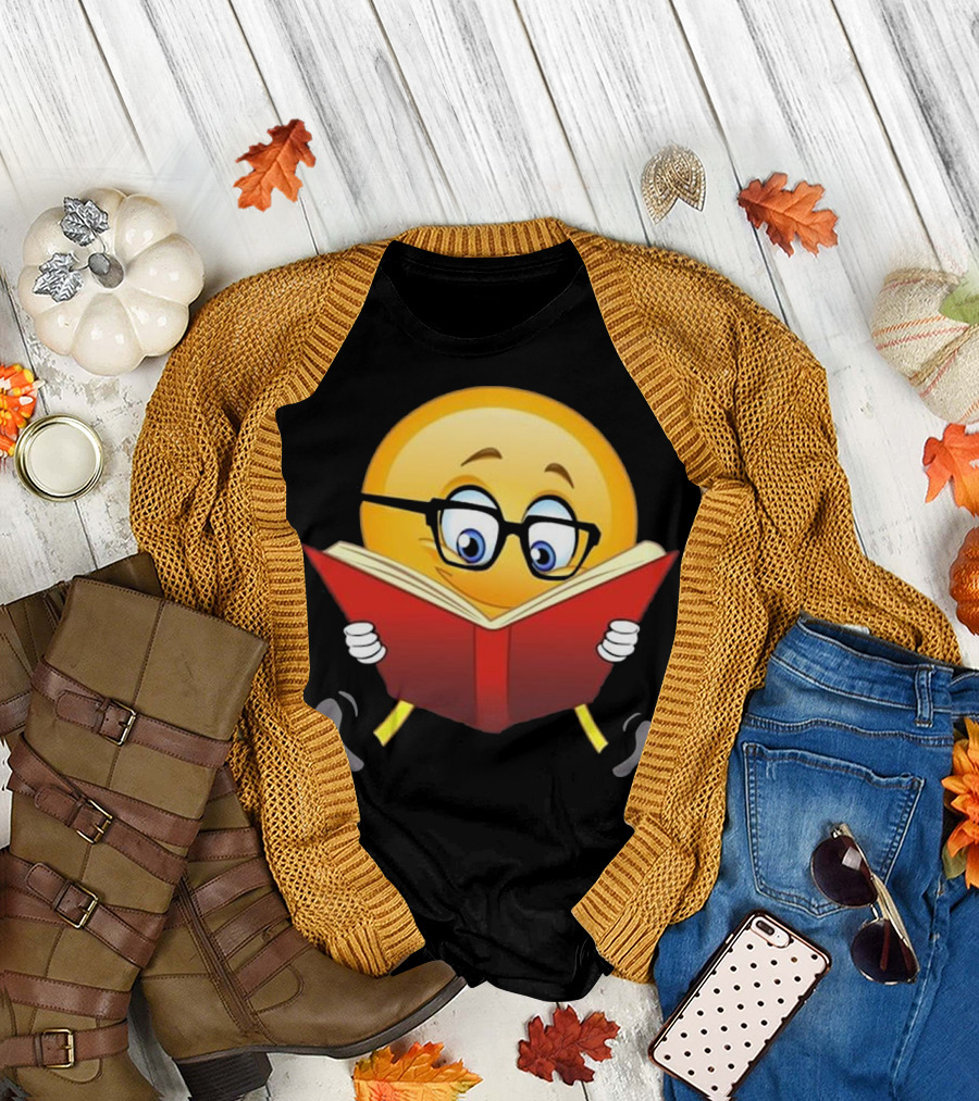 Nerdy Emoji with Glasses Reading a Cute Funny Book T-Shirt