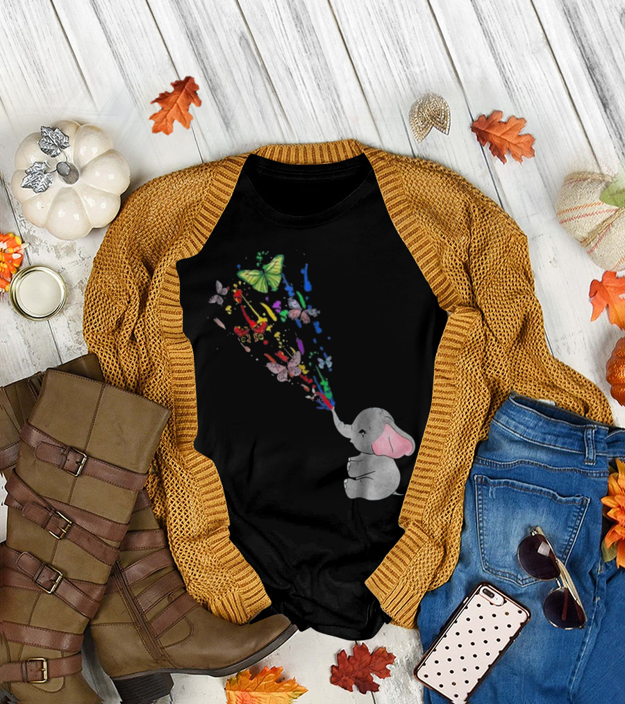 Elephant with Colorful Butterflies and Flowers Cute Funny Gift T-Shirt